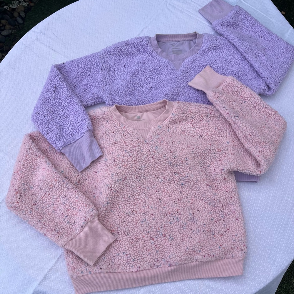 Set of Cozy Sherpa Fleece Pink and Purple “confetti” Crewneck Sweatshirts